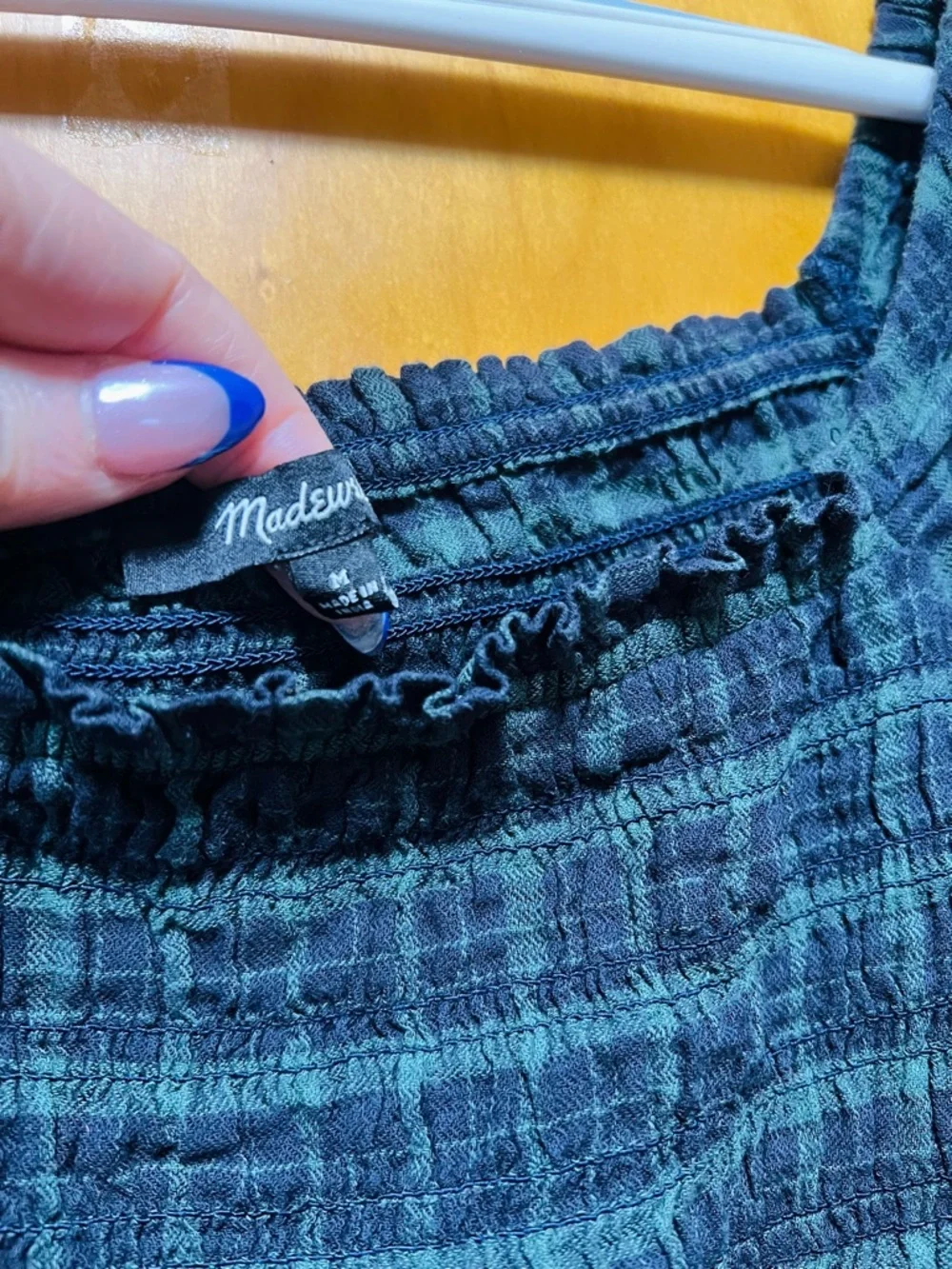 Madewell Dark Green and Black Smocked Plaid Peasant Top - Picture 4 of 8
